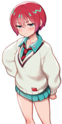 1girl amate_yuzuriha aqua_eyes aqua_shirt aqua_skirt closed_mouth commentary_request folks_(nabokof) frown gundam gundam_gquuuuuux highres long_sleeves looking_at_viewer pleated_skirt red_hair school_uniform shirt short_hair simple_background skirt solo sweater_vest white_background white_sweater_vest