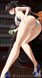 1girl ass bare_legs bent_over bikini black_hair blunt_bangs breasts brown_hair can drink_can eve_(stellar_blade) from_behind high_heels high_ponytail highres holding holding_can large_breasts legs looking_at_viewer looking_back parted_lips ponytail solo stellar_blade swimsuit theheatnix thighs vending_machine white_bikini