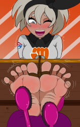 1girl barefoot bea_(pokemon) blush brushing dark-skinned_female dark_skin dst1278 feet feet_together foot_focus gym_leader highres nintendo one_eye_closed open_mouth pokemon pokemon_swsh short_hair signature simple_background soles stocks tickle_torture tickling tickling_feet toes wink