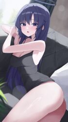 1girl absurdres alternate_hairstyle arm_support ass black_camisole black_halo blue_archive blue_eyes blue_hair bottomless breasts camisole commentary couch halo highres large_breasts long_hair looking_at_viewer mechanical_halo on_couch open_mouth sei_(0724sei6) solo yuuka_(blue_archive)