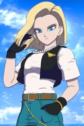 1girl absurdres android_18 black_gloves blonde_hair blue_eyes denim dragon_ball gloves highres jeans jewelry necklace pants shirt solo white_shirt yugerov
