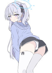 1girl absurdres blue_archive blue_halo blush bow bow_legwear dolphin_shorts embarrassed from_behind hair_bow halo highres leaning_forward long_hair looking_at_viewer looking_back miyako_(blue_archive) mizusaki_(kn27) own_hands_together panties polka_dot polka_dot_panties purple_eyes shorts side_ponytail solo sweater thighhighs underwear upshorts white_hair white_panties white_thighhighs