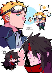 2boys beard beard_stubble black_hair blonde_hair blue_eyes chibi cid_highwind closed_mouth collar eyebrows_hidden_by_hair eyes_visible_through_hair facial_hair final_fantasy final_fantasy_vii gloves goggles goggles_on_head high_collar highres long_hair male_focus multiple_boys parted_lips r-s13 red_eyes rocket scarf short_hair simple_background smile speech_bubble square_enix star_(sky) stubble sun teeth thumbs_up vincent_valentine white_background wing_collar