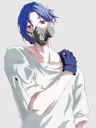 1boy absurdres blue_hair colored_inner_hair commentary gas_mask gloves grey_background gundam gundam_gquuuuuux highres looking_at_viewer male_focus mask multicolored_hair norabo0818 purple_hair red_eyes shirt short_hair shuji_ito simple_background solo two-tone_hair upper_body white_shirt