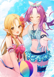 2girls :d absurdres arm_garter arm_strap artist_name asuna_(sao) ball beachball bikini blue_bikini blue_sky blush bow bow_bikini breasts brown_eyes checkered_bikini checkered_clothes closed_eyes cloud cloudy_sky collarbone commentary_request cowboy_shot day elf facing_another forehead frilled_bikini frilled_thigh_strap frills grin hair_ornament headband highres holding holding_ball holding_beachball light_brown_hair long_hair long_pointy_ears looking_at_viewer medium_breasts medium_hair multiple_girls navel open_mouth outdoors plaid_bikini plaid_clothes pointy_ears purple_hair red_bikini red_bow sky small_breasts smile stomach swimsuit sword_art_online thigh_strap titania_(sao) twitter_username wading white_headband yuuka0922 yuuki_(sao)