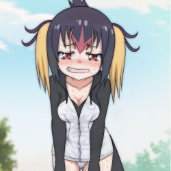 Rule 34 | 1girl, black gloves, black hair, black hoodie, black mittens, black shirt, blush, breasts, cleavage, clenched teeth, cloud, collarbone, gloves, hood, hoodie, hot, kemono friends, long hair, long sleeves, looking at viewer, medium breasts, mittens, multicolored hair, orange hair, panties, penguin girl, penguin tail, red eyes, red hair, rockhopper penguin (kemono friends), shirt, sky, standing, sweat, t jiroo (ringofriend), tail, teeth, tree, twintails, underwear, wet, wet clothes, white panties