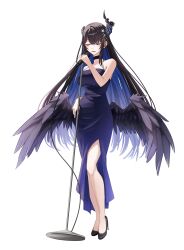 1girl absurdres alternate_costume asymmetrical_horns black_choker black_hair black_horns black_wings blue_dress choker closed_eyes colored_inner_hair dress feathered_wings high_heels highres holding holding_microphone_stand hololive hololive_english horns isarobn long_hair low_wings microphone microphone_stand mole mole_under_eye multicolored_hair nerissa_ravencroft open_mouth simple_background solo virtual_youtuber white_background wings