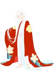 Rule 34 | 1girl, barefoot, biwa (heike monogatari), expressionless, full body, heike monogatari, highres, japanese clothes, kimono, long hair, looking at viewer, non-web source, official art, simple background, sleeves past fingers, sleeves past wrists, solo, white background, white eyes, white hair