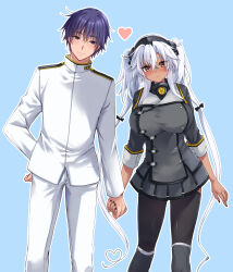 1boy 1girl admiral_(kancolle) black_skirt black_thighhighs blue_background breasts cowboy_shot dated glasses gradient_nails grey-framed_eyewear hair_between_eyes heart highres jacket kantai_collection large_breasts long_hair long_sleeves looking_at_viewer mashiro_yukiya military military_uniform musashi_(kancolle) musashi_kai_ni_(kancolle) rectangular_eyewear red_eyes sakuramon semi-rimless_eyewear short_hair skirt smile solo thighhighs twintails very_long_hair white_hair