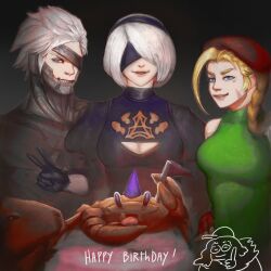 2b_(nier:automata) birthday birthday_cake cake cammy_white food hat highres metal_gear_(series) metal_gear_rising:_revengeance nier nier_(series) party_hat raiden_(metal_gear) street_fighter