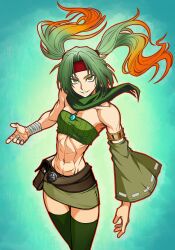 1girl abs absurdres arm_warmers armlet armpit_crease bandaged_arm bandages bare_shoulders belt belt_pouch blue_background breasts brown_belt collarbone commentary_request cowboy_shot detached_sleeves duel_monster floating_hair gradient_hair green_eyes green_hair green_scarf green_skirt green_sleeves green_thighhighs green_tube_top groin hair_ribbon headband highres jewelry long_hair looking_at_viewer medallion midriff miniskirt multicolored_hair muscular muscular_female navel orange_hair parted_bangs parted_lips pouch red_headband reeze_whirlwind_of_gusto ribbon ryoan_(voyagehermitage) scarf sidelocks simple_background single_arm_warmer single_detached_sleeve skirt small_breasts smile solo standing strapless thighhighs tube_top twintails yu-gi-oh! zettai_ryouiki