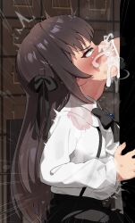 1boy 1girl absurdres alina_clover bar_censor black_bow black_bowtie black_skirt bow bowtie brown_hair censored cum cum_in_mouth cum_overflow deepthroat fellatio from_side green_eyes guild_no_uketsukejou_desu_ga_zangyou_wa_iya_nanode_boss_wo_solo_toubatsu_shiyou_to_omoimasu heart heart-shaped_pupils hetero highres long_hair mizumizuni oral penis profile shirt skirt solo_focus symbol-shaped_pupils tears white_shirt