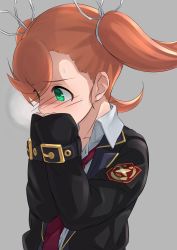 1girl blazer blush borrowed_clothes brown_hair buckle cosplay covering_own_mouth female_focus green_eyes grey_background hair_ribbon hashibirohou highres jacket kido_hyde kido_hyde_(cosplay) long_sleeves nanase_(under_night_in-birth) necktie nose_blush ribbon school_uniform sleeves_past_wrists solo sweat swept_bangs twintails under_night_in-birth upper_body wing_collar