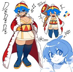 1girl blue_eyes blue_hair breasts choker cio_(ciosui) cleavage coat commentary dress earrings english_commentary english_text full_body fur-trimmed_coat fur_trim genderswap genderswap_(mtf) gloves grin hammer hands_on_own_hips hat highres holding holding_hammer jewelry king_dedede kirby_(series) large_breasts long_sleeves multiple_views nintendo open_clothes open_coat personification sandals short_hair smile tabi thighhighs