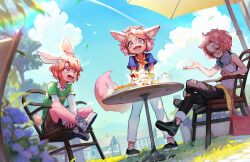 3boys absurdres animal_ears bag black_pants blue_shirt blurry blurry_foreground borrowed_character building clothes_around_waist cloud commission contrail crossed_legs cumulonimbus_cloud cup day drinking_glass eyewear_on_head flower food fox_ears fox_tail fruit furry furry_male gilmang glasses grass green_shorts headphones headphones_around_neck highres ice_cream jacket jacket_around_waist layered_sleeves lens_flare long_sleeves multiple_boys neckerchief open_mouth orange_neckerchief original outdoors pants pink_eyes pink_hair purple_eyes purple_flower rabbit_ears rabbit_tail shirt shoes short_hair short_over_long_sleeves short_sleeves shorts sitting sneakers standing sundae table tail tank_top teapot torn_clothes torn_pants umbrella wafer_stick whipped_cream