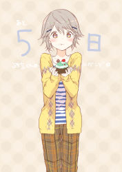 10s 1boy :t argyle brown_hair countdown cupcake eating food food_on_face hair_ornament hairclip highres male_focus masamune-kun_no_revenge messy multicolored_eyes multicolored_pupils original pants plaid_clothes plaid_pants polka_dot polka_dot_background short_hair shuri_kojuurou solo tiv translation_request trap x_hair_ornament