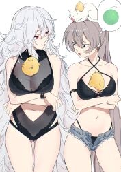 2girls absurdres alternate_costume arms_under_breasts azur_lane bikini black_bikini black_eyes black_one-piece_swimsuit breast_envy breasts brown_hair cat collarbone crossed_arms denim denim_shorts graf_zeppelin_(azur_lane) graf_zeppelin_(beachside_urd)_(azur_lane) hair_spread_out hatski.sin highres jean_bart_(azur_lane) jean_bart_(private_apres_midi)_(azur_lane) large_breasts long_hair manjuu_(azur_lane) messy_hair multiple_girls official_alternate_costume one-piece_swimsuit ponytail red_eyes short_shorts shorts simple_background smirk speech_bubble swimsuit thighs thought_bubble very_long_hair white_background white_hair
