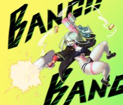 Rule 34 | 1girl, absurdres, aqua hair, body markings, breasts, bullet, colored sclera, curvy, cyberpunk (series), cyberpunk edgerunners, full body, gintm, gradient background, green background, gun, hair down, highres, holding, holding gun, holding weapon, huge weapon, jacket, long hair, mechanical hands, medium breasts, rebecca (cyberpunk), red sclera, sound effects, thong, weapon, wide hips, yellow background