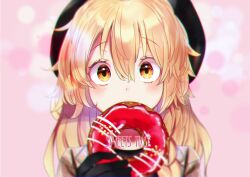 1girl absurdres black_gloves black_hat blonde_hair blurry blurry_foreground blush covering_own_mouth depth_of_field donut food food_focus gloves hair_between_eyes hat highres holding holding_donut holding_food kirisame_marisa long_hair looking_at_viewer noritamaru orange_eyes pink_background simple_background solo touhou upper_body