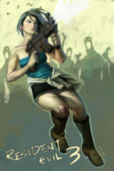 1girl black_skirt blue_tube_top boots brown_boots coat copyright_name cuson firing gun holding holding_gun holding_weapon jill_valentine miniskirt resident_evil resident_evil_3:_nemesis shell_casing skirt strapless tube_top weapon