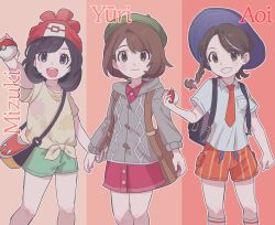 Rule 34 | 3girls, :d, backpack, bag, beanie, beret, black bag, blush, braid, breast pocket, brown eyes, brown hair, buttons, cardigan, character name, clenched hand, closed mouth, collared dress, collared shirt, commentary request, dress, eyelashes, gloria (pokemon), green headwear, green shorts, grey cardigan, grin, hat, highres, holding, holding poke ball, hood, hood down, hooded cardigan, juliana (pokemon), knees, korean commentary, memoji 7672, multiple girls, necktie, nintendo, open mouth, orange necktie, orange shorts, pink dress, pocket, poke ball, poke ball (basic), pokemon, pokemon sm, pokemon sv, pokemon swsh, red headwear, school uniform, selene (pokemon), shirt, short sleeves, shorts, shoulder bag, smile, socks, t-shirt, teeth, tied shirt, yellow shirt