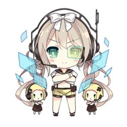 3girls bare_legs black_shoes blonde_hair blush blush_stickers bow brown_dress brown_sailor_collar c: chibi closed_mouth command_fairy_(girls&#039;_frontline) cross_hair_ornament crossed_arms dress earpiece fairy_(girls&#039;_frontline) floating_screen full_body girls&#039;_frontline green_eyes hair_bow hair_ornament hairclip headphones headset light_brown_hair long_hair looking_at_viewer midriff multiple_girls navel official_art sailor_collar saru scouter shirt shoes short_hair short_sleeves shorts simple_background smile standing straight-on suspender_shorts suspenders third-party_source transparent_background twintails v-shaped_eyebrows v-shaped_eyes very_long_hair white_bow white_shirt yellow_shorts |_|