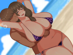 Rule 34 | 1boy, 1girl, ass, boku no daisuki na tennen kaa-san, breasts, brown eyes, brown hair, dark-skinned male, dark skin, huge breasts, jewelry, long hair, mature female, motherly netorare, open mouth, panties, smile, swimsuit, underwear, yuuhoku.