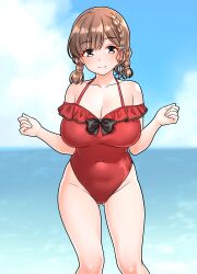 1girl absurdres asahi_(kancolle) asahi_(swimsuit)_(kancolle) blue_sky braid breasts brown_hair cleavage closed_mouth collarbone commentary_request covered_navel cowboy_shot day frilled_one-piece_swimsuit frills furaggu_(frag_0416) gluteal_fold highres kantai_collection knees large_breasts looking_at_viewer mole mole_under_mouth ocean official_alternate_costume one-piece_swimsuit outdoors red_one-piece_swimsuit short_hair sky smile solo spaghetti_strap standing swimsuit thighs variant_set