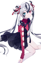 Rule 34 | 1girl, absurdres, black dress, black hair, breasts, daisi gi, dress, fate/grand order, fate (series), green eyes, highres, kashin koji (fate), long hair, long sleeves, looking at viewer, red eyes, red shirt, shirt, sitting, small breasts, solo, twintails, white hair
