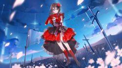 1girl absurdres blue_sky boots collar corset dress dutch_angle elbow_gloves falling_petals flower frilled_collar frills full_body gloves grass hair_flower hair_ornament hand_on_own_chest highres knee_boots lace-up_boots layered_dress long_hair miwano_rag mountain official_art parted_lips petals pink_flower planted planted_umbrella purple_eyes purple_hair red_dress sakuragi_maika second-party_source side_slit sky solo standing umbrella utahime_dream