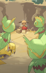 apple badge bag bandana bandana_around_neck brown_eyes brown_fur chameleon chestnut_mouth claws clone clothed_pokemon clothes_grab colored_skin dragging droopy_ears eevee fainted food frown fruit gen_1_pokemon gen_3_pokemon green_skin highres holding holding_food holding_fruit kecleon nintendo no_humans open_mouth pikachu pokemon pokemon_(creature) pokemon_focus pokemon_mystery_dungeon satchel surrounded unconscious white_bandana yamaori_(hakkentai_pokedan) yellow_lips