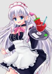 Rule 34 | 1girl, :d, parallel hairclips, \m/, alternate costume, apron, black dress, blue eyes, blunt ends, blush, bow, bowtie, breasts, cleavage, cocktail, cocktail glass, commentary request, cowboy shot, cup, detached collar, dress, drinking glass, drinking straw, enmaided, eyes visible through hair, floating hair, food, frilled apron, frilled dress, frills, grey background, hair behind ear, hair between eyes, hair bow, hair ornament, hairclip, hand up, happy, highres, holding, holding tray, long hair, long sleeves, looking at viewer, maid, maid apron, maid headdress, medium breasts, minatoto, naruse shiroha, open mouth, pink bow, pink bowtie, popsicle, sidelocks, simple background, smile, solo, summer pockets, tray, very long hair, watermelon bar, white apron, white hair
