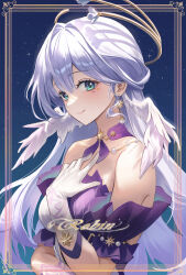 1girl absurdres aqua_eyes character_name closed_mouth detached_sleeves dress earrings face_jewel floating_hair gloves hair_between_eyes halo hand_on_own_chest head_wings highres honkai:_star_rail honkai_(series) jewel_under_eye jewelry long_hair looking_at_viewer purple_background robin_(honkai:_star_rail) seina_106 simple_background smile solo two-tone_dress upper_body white_dress white_gloves wings
