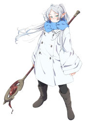 1girl blue_scarf boots brown_boots closed_mouth coat commentary_request eitopondo elf frieren full_body green_eyes grey_hair highres holding holding_staff looking_at_viewer mage_staff pointy_ears scarf simple_background solo sousou_no_frieren staff standing twintails white_background white_coat