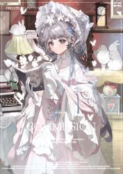 1girl absurdres bonnet book bug butterfly dress english_text gloves grey_hair highres holding holding_book indoors insect lamp long_hair long_sleeves looking_at_viewer open_book original pink_dress rabbit rimi32 solo white_dress white_gloves