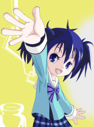 1girl :d blue_eyes blue_hair blue_ribbon blush candy_jar checkered_clothes checkered_skirt child double_bun eyebrows_hidden_by_hair eyelashes fang hair_bun hand_up happy_sugar_life koube_shio lightning looking_at_viewer maki46sri messy_hair neck_ribbon open_mouth ribbon sailor_collar salute school_uniform short_hair skirt smile solo strip tongue yellow_background