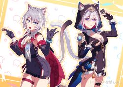 Rule 34 | 1girl, 2girls, animal ear fluff, animal ears, animal hood, asymmetrical gloves, bare shoulders, belt, black belt, black gloves, black hood, blue eyes, breasts, cat ears, cat girl, cat hood, cat tail, cipher (honkai: star rail), cipher (honkai: star rail) (cosplay), cleavage, coin, colored inner hair, cosplay, costume switch, cowboy shot, crescent, ears through hood, fingerless gloves, gloves, gold coin, grey hair, hair between eyes, hair ornament, highres, holding, holding coin, honkai: star rail, honkai (series), hood, hooded leotard, kemonomimi mode, large breasts, looking at viewer, multicolored eyes, multicolored hair, multiple girls, pink eyes, pochimaru (marumaru wanwan), purple eyes, red hair, shirt, short hair, short hair with long locks, smile, streaked hair, tail, thigh belt, thigh strap, thighs, topaz (honkai: star rail), topaz (honkai: star rail) (cosplay), uneven gloves, unitard, white hair, yellow eyes