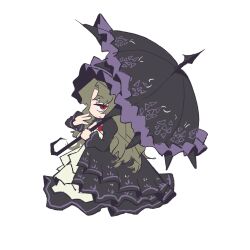 Rule 34 | 1girl, black dress, black umbrella, bonnet, brown hair, chibi, dress, frilled dress, frills, full body, highres, holding, holding umbrella, la manchaland (identity) (project moon), limbus company, long hair, long sleeves, looking at viewer, ntcke, parted bangs, project moon, purple bonnet, red eyes, rodion (project moon), simple background, solo, standing, umbrella, white background