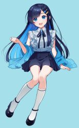 1girl :d asymmetrical_sidelocks binchou_maguro black_shoes blue_background blue_eyes blue_hair blue_ribbon blue_shawl blue_skirt cevio collared_shirt colored_inner_hair commentary_request commission full_body futaba_minato hair_ornament hairclip hand_up highres invisible_chair kneehighs long_hair looking_at_viewer multicolored_hair neck_ribbon open_mouth parted_bangs pleated_skirt ribbon shawl shirt shoes simple_background sitting skeb_commission skirt sleeveless sleeveless_shirt smile socks solo white_shirt white_socks