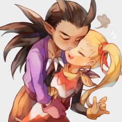 1boy 1girl belt black_shirt blonde_hair brown_hair chin_rest closed_eyes collarbone couple cowboy_shot dark-skinned_male dark_skin dragon_quest dragon_quest_builders_2 dress earrings female_builder_(dqb2) gloves grey_background hair_horns hair_pulled_back hair_ribbon hand_on_another&#039;s_arm hands_on_another&#039;s_waist head_on_head head_rest hetero hoop_earrings hotaro_(bread_fusa) hug hug_from_behind jewelry low_ponytail neckerchief necklace one_eye_covered open_clothes open_mouth open_shirt orange_gloves orange_pants pants pointy_ears ponytail puff_of_air purple_shirt red_belt red_dress red_gloves red_ribbon ribbon shirt shirt_under_dress sidoh_(dqb2) silver_earrings smile spiked_hair tan tooth_necklace twintails two-tone_dress white_dress yellow_neckerchief