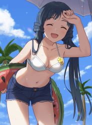 1girl arms_behind_back beach_umbrella bikini bikini_top_only blue_shorts blue_sky blush breasts closed_eyes cloud collarbone commentary_request cowboy_shot day denim denim_shorts dot_nose emu_(emum) flower_ornament hand_on_own_forehead hand_up highres idolmaster idolmaster_million_live! innertube kitakami_reika long_hair medium_breasts navel open_mouth outdoors palms shorts sky smile solo sparkle stomach swim_ring swimsuit thighs twintails umbrella water_drop watermelon_innertube wet white_bikini
