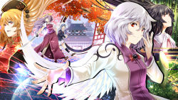 5girls angel_wings animal_ears arkatopia black_dress black_hair blazer blonde_hair building rabbit_ears chinese_clothes dress hair_ornament hair_ribbon hair_rings houraisan_kaguya jacket junko_(touhou) katana kishin_sagume long_hair long_sleeves multiple_girls necktie open_clothes open_jacket puffy_short_sleeves puffy_sleeves purple_dress purple_hair red_eyes reisen ribbon shirt short_hair short_sleeves silver_hair single_wing skirt smile sword tabard touhou tree very_long_hair watatsuki_no_yorihime weapon wings