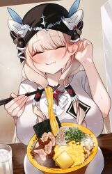 ^_^ absurdres bandana blonde_hair blush bowl breast_rest breasts breasts_on_table brooch chopsticks closed_eyes commentary_request corn crown_(nikke) cup diamond_(shape) eating food goddess_of_victory:_nikke hair_tubes hands_up headgear highres indoors jewelry large_breasts nobako noodles nori_(seaweed) official_alternate_costume plate pork ramen shirt short_sleeves sidelocks soup spring_onion sweat table tiara white_shirt