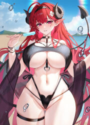 1girl absurdres ahoge alternate_costume azur_lane beach black_one-piece_swimsuit black_shawl black_slingshot_swimsuit blue_sky blush breasts cloud cloudy_sky commentary_request cowboy_shot day demon_girl demon_horns demon_tail food gluteal_fold groin highres hindenburg_(azur_lane) holding holding_food holding_popsicle horns large_breasts long_hair looking_at_viewer mole mole_on_crotch mole_under_eye navel o-ring o-ring_swimsuit one-piece_swimsuit outdoors pointy_ears popsicle red_eyes red_hair shawl skindentation sky slingshot_swimsuit slit_pupils smile solo swimsuit tail thick_thighs thighs very_long_hair water_drop yijiufantexi