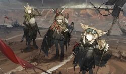 1boy 2017 2girls ahoge animal_ears april_(arknights) april_(faraway_gaze)_(arknights) arknights armband arrow_(projectile) azling belt belt_bag belt_buckle black-framed_eyewear black_bag black_belt black_boots black_gloves black_jacket black_pants black_scarf black_shirt black_shrug black_sleeves blonde_hair blue_pants boots bow_(weapon) brown_hair buckle camouflage camouflage_jacket canyon chest_belt cloak copyright_name covered_mouth cropped_jacket english_text feet_out_of_frame fingerless_gloves fingernails flag fox_ears fox_tail full_body gloves goggles goggles_on_head gradient_clothes gradient_jacket green_cloak green_eyes green_mask grey_pants grin hair_between_eyes hairband hand_on_own_head holding holding_staff hood hood_down hooded_jacket jacket leonhardt_(arknights) leonhardt_(finder_in_the_rough)_(arknights) long_hair long_sleeves looking_at_viewer mask mouth_mask multiple_girls official_alternate_costume official_art outdoors pants parted_lips pleated_shirt purple_eyes rabbit_ears rain red_armband red_belt red_hairband ruins scarf second-party_source shirt short_hair shrug_(clothing) sleeveless sleeveless_jacket smile staff stomach suzuran_(arknights) suzuran_(lostlands_flowering)_(arknights) tail torn_clothes torn_jacket weapon weapon_on_back white_jacket wide_sleeves