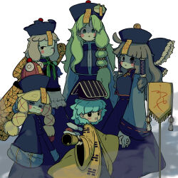 5girls :d absurdres banner black_dress black_eyes black_hat blonde_hair blue_hair blush_stickers braid china_dress chinese_clothes cirno coat colored_skin commentary_request cookie_(touhou) dress feet_out_of_frame frog_hat grey_eyes grey_shirt grey_skin guan_hat hakurei_reimu hanfu hat highres holding_hands horizontal_pupils ice ice_wings izayoi_sakuya jewelry jiangshi kochiya_sanae long_hair looking_at_viewer madan_shoujo mian_guan micha_(cookie) moriya_suwako muimui_(4242564muimui) multiple_girls ofuda oko_(cookie) one_eye_closed open_mouth qingdai_guanmao ribbon-trimmed_sleeves ribbon_trim shaded_face shirt short_hair smile snot standing touhou twin_braids web_(cookie) wings yamato_(cookie) yellow_coat