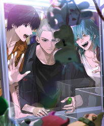 Rule 34 | 1girl, 2boys, akao rion, aqua hair, arm tattoo, black eyes, black hair, black jacket, black shirt, blurry, blurry background, blurry foreground, breasts, bright pupils, brown jacket, chain print, chanoo artz, chest tattoo, cigarette, cleavage, closed mouth, collarbone, commentary request, cowboy shot, crane game, grey hair, hair between eyes, hair over one eye, hand tattoo, highres, holding, holding cigarette, in crane game, jacket, medium hair, multiple boys, nagumo (sakamoto days), open clothes, open jacket, open mouth, orange jacket, print jacket, sakamoto days, sakamoto taro, sakamoto taro (skinny), shirt, short hair, small breasts, sweatdrop, tank top, tattoo, teeth, tsurime, twitter username, upper body, white pupils, white tank top, yellow eyes