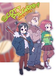 1boy 2girls beard_stubble black_eyes black_footwear black_hair black_skirt blurry blurry_background border breasts brown_hair collared_shirt copyright_name bass_guitar facial_hair freckles full_body fur-trimmed_jacket fur_trim hair_between_eyes hands_in_pockets headphones highres jacket kim_pine knives_chau long_sleeves looking_afar medium_breasts multiple_girls pants pantyhose plaid_clothes plaid_skirt pleated_skirt ponytail red_footwear red_hair red_skirt scott_pilgrim_(series) scott_pilgrim_takes_off shirt shoes short_hair short_ponytail sidelocks skirt smile stephen_stills stubble teeth tetsu_(teppei) track_jacket white_shirt