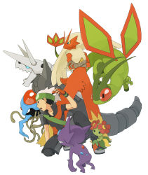 00s 1boy aggron arm_support bellossom blaziken brendan_(pokemon) creature creatures_(company) fingerless_gloves flygon full_body game_freak gen_1_pokemon gen_2_pokemon gen_3_pokemon gloves grey_hair headband leg_grab nekonekoyukai nintendo open_mouth poke_ball pokemon pokemon_(creature) pokemon_rse popped_collar profile sableye serious shirt short_sleeves spiked_hair squatting tentacruel
