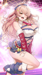 Rule 34 | 1girl, :d, areola slip, arm between legs, ass, bare shoulders, between breasts, blush, braid, breasts, brown hair, cleavage, detached sleeves, dot nose, fur-trimmed sleeves, fur trim, high heels, highres, idolmaster, idolmaster cinderella girls, jougasaki mika, large breasts, linea alba, mk (mod0), necktie, necktie between breasts, one eye closed, open mouth, smile, solo, stage, stage lights, standing, standing on one leg, thighs, yellow eyes